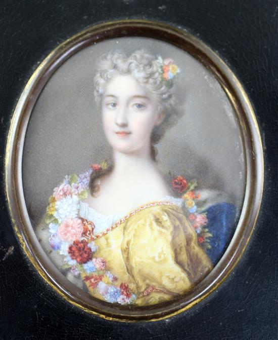 French School c.1900 Miniature of an 18th century lady with flowers on her dress 3.25 x 2.75in.